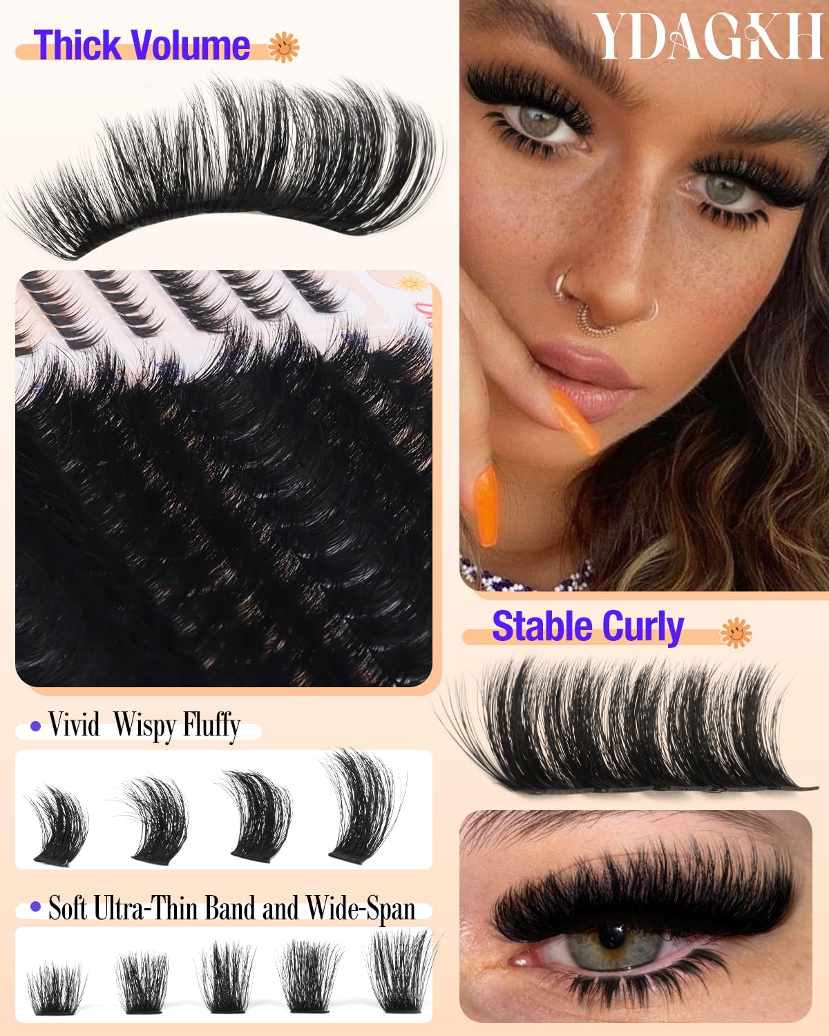 Thick Lash Clusters 300D+400D Volume Eyelash Clusters 12-22mm Long Fluff Cluster Eyelash Extensions Mega Full DIY Salon-look Wispy Lash Extension with Bottom Lashes 5 Styles 220Pcs
