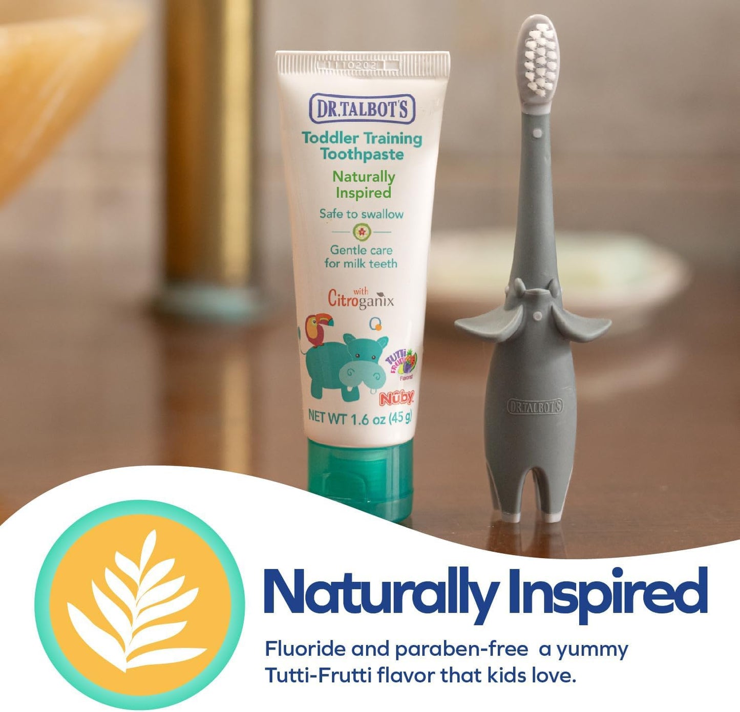 Dr. Talbot's Toddler Training Toothbrush & Natural Kids Toothpaste | Fluoride-Free, 1.6 oz, Elephant Design - 6+ Months