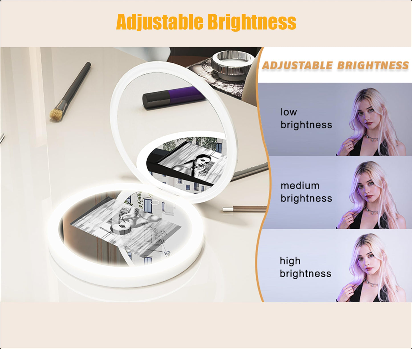 Zyyini UV Makeup Mirror, 3.5 Inch Travel Compact Mirror with Camera for Sunscreen Test, 2X Magnification Portable Lighted Mirror for Handbag, Gifts for Mom Girlfrined
