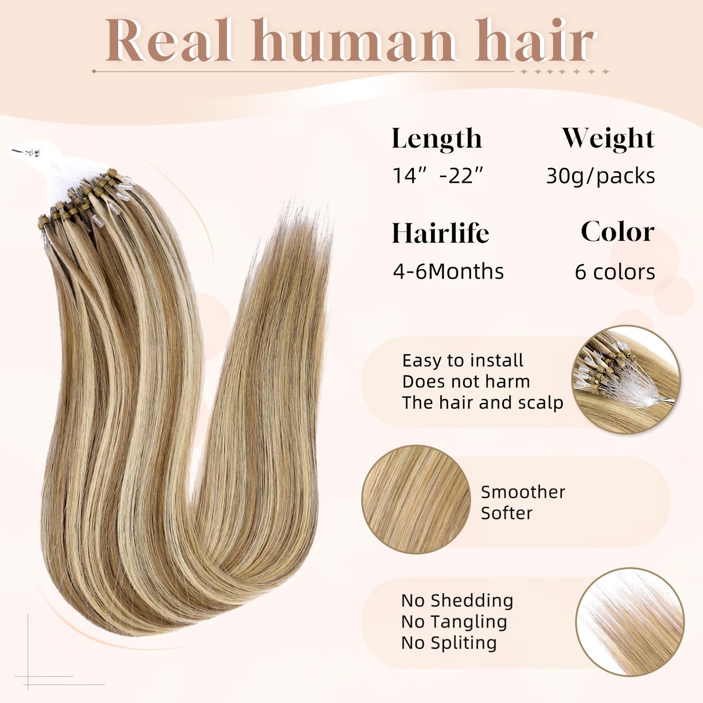 MioYio Microlink Hair Extensions Human Hair 18613 Blonde 30g/43s/Pack 14inch Microbead Micro Loop Hair Extensions Real Human Soft and Glossy Longer Life