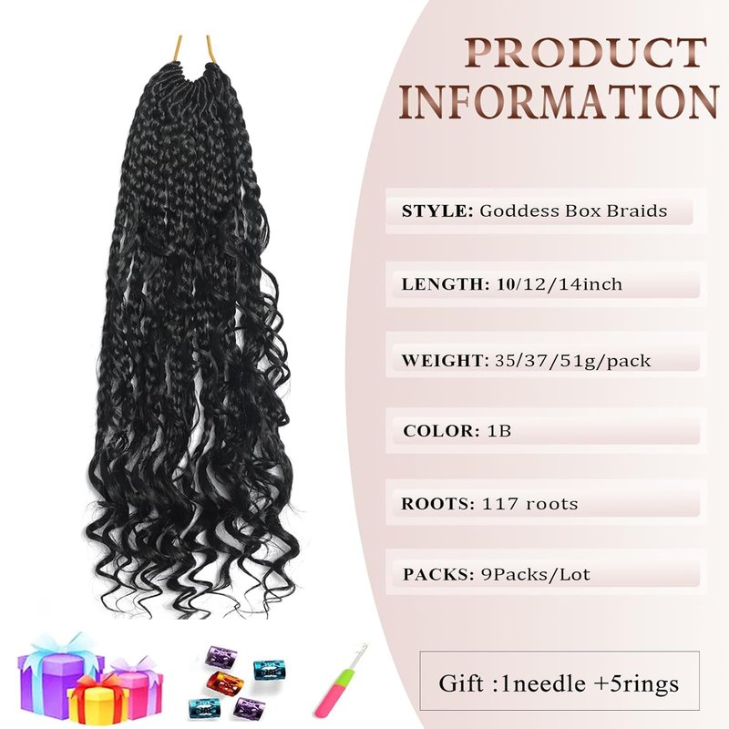 Goddess Box Braids Crochet Hair - 9 Packs, 14 Inch Pre-Looped with Curly Ends | Bohemian Style 1B