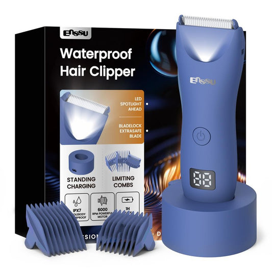 ENSSU Manscape Trimmer for Men, IPX7 Waterproof Body Hair Trimmer with Ceramic Blade & Spotlight, Rechargeable Electric Groin & Pubic Hair Trimmer, Wet or Dry Use Body Groomer for Legs/Chest
