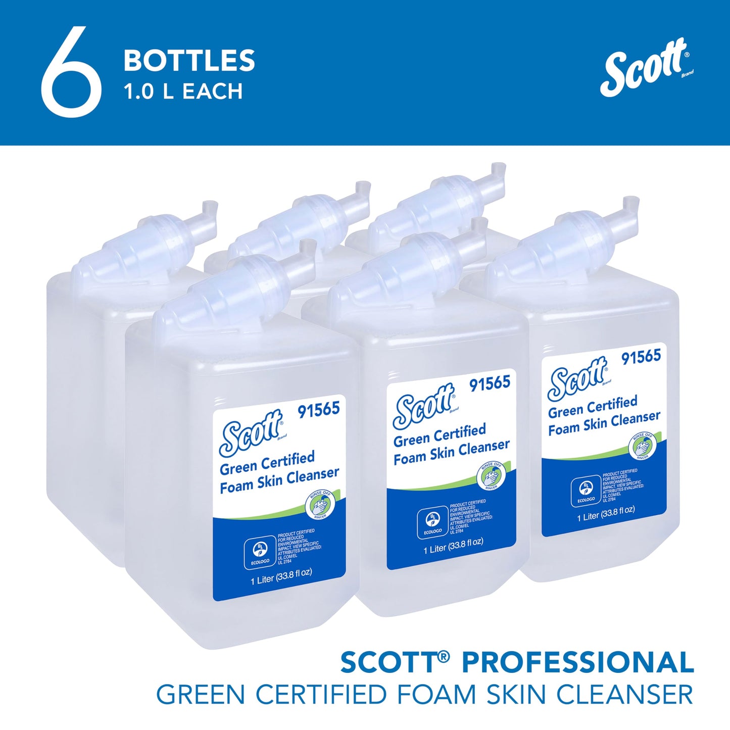 Scott Professional Green Certified Foam Hand Soap (91565), 1.0 L, Foaming, Clear, No Fragrance Added, Manual Refills, Ecologo, NSF E-1 Rated (6 Bottles)