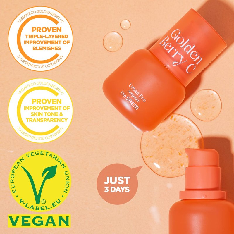THESAEM Urban Eco Golden Berry C Ampoule - Face Vitamin Serum Peru Golden Berry Extract - Even Tone Complexion Blemish Care Hydrating - Vegan Korean Skincare for Dull Skin, 1.01 fl.oz.