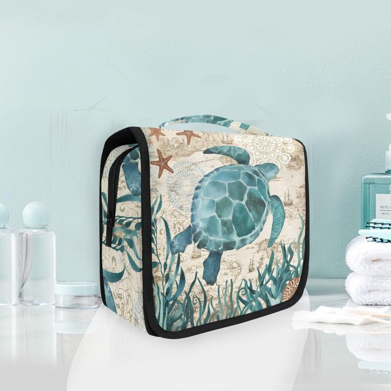 Hanging Travel Toiletry Bag Kit Makeup Case Cosmetics Organizer for Men Women (Sea Lives Turtle Coral)