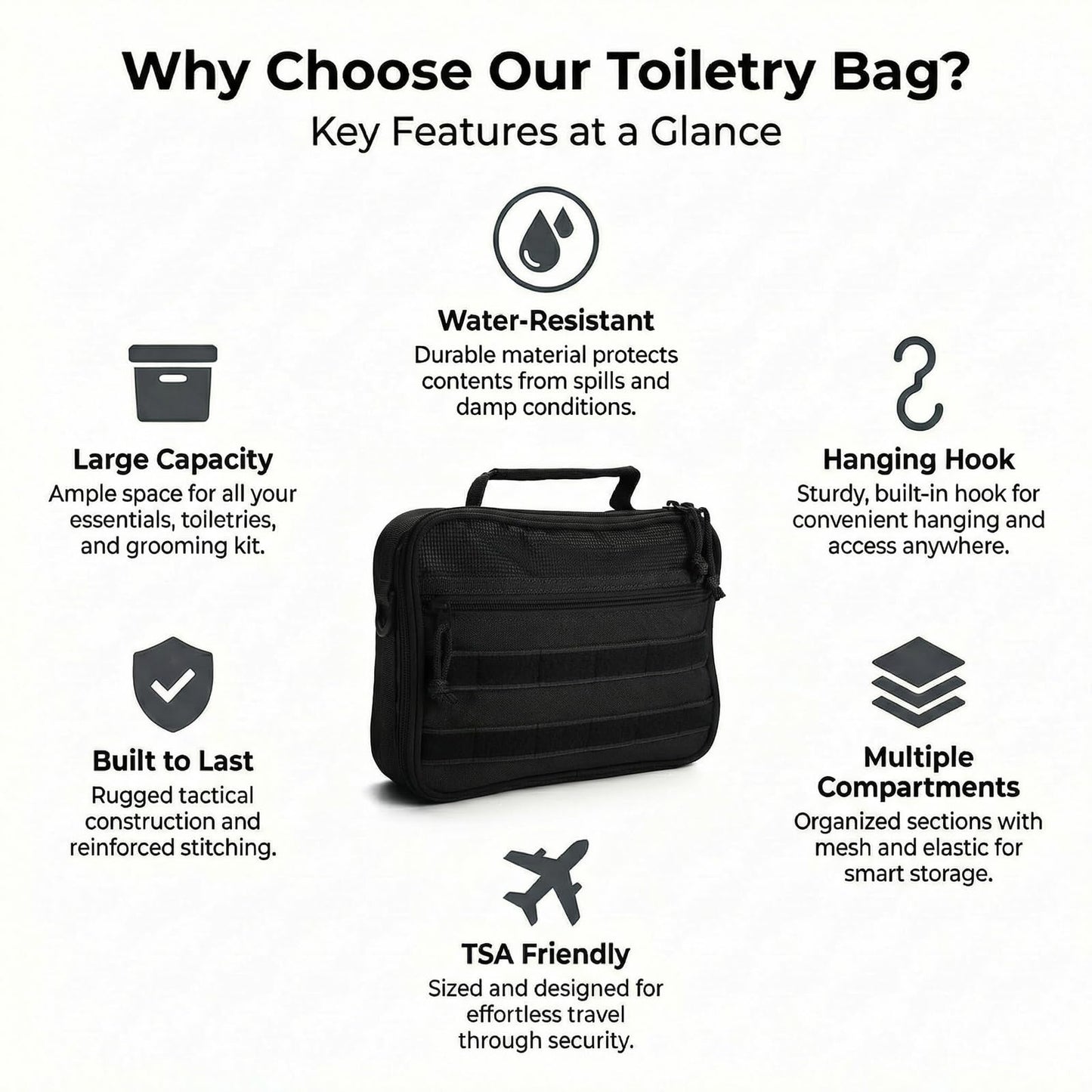 GVCELS Mens Toiletry Travel Bag Tactical Toiletry Bag for Men Bathroom Dopp Kit Hanging Travel Toiletry Bag for Men Shaving Hygiene Bag Travel Toiletry Organizer Short Trips Bag, Black