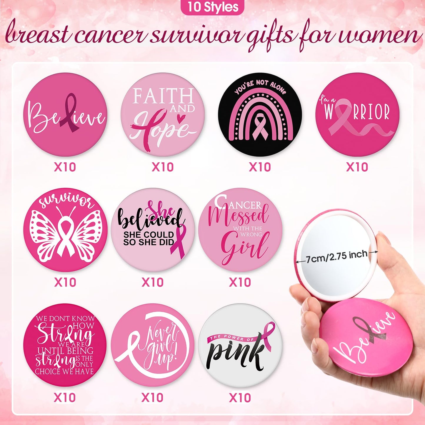 Wonderjune 100 Pcs Breast Cancer Awareness Gifts Pocket Mirror Bulk Portable Travel Mirrors Pink Ribbon Breast Survivor Compact Mirror for Charity Women Public School Events Supplies (Inspirational)