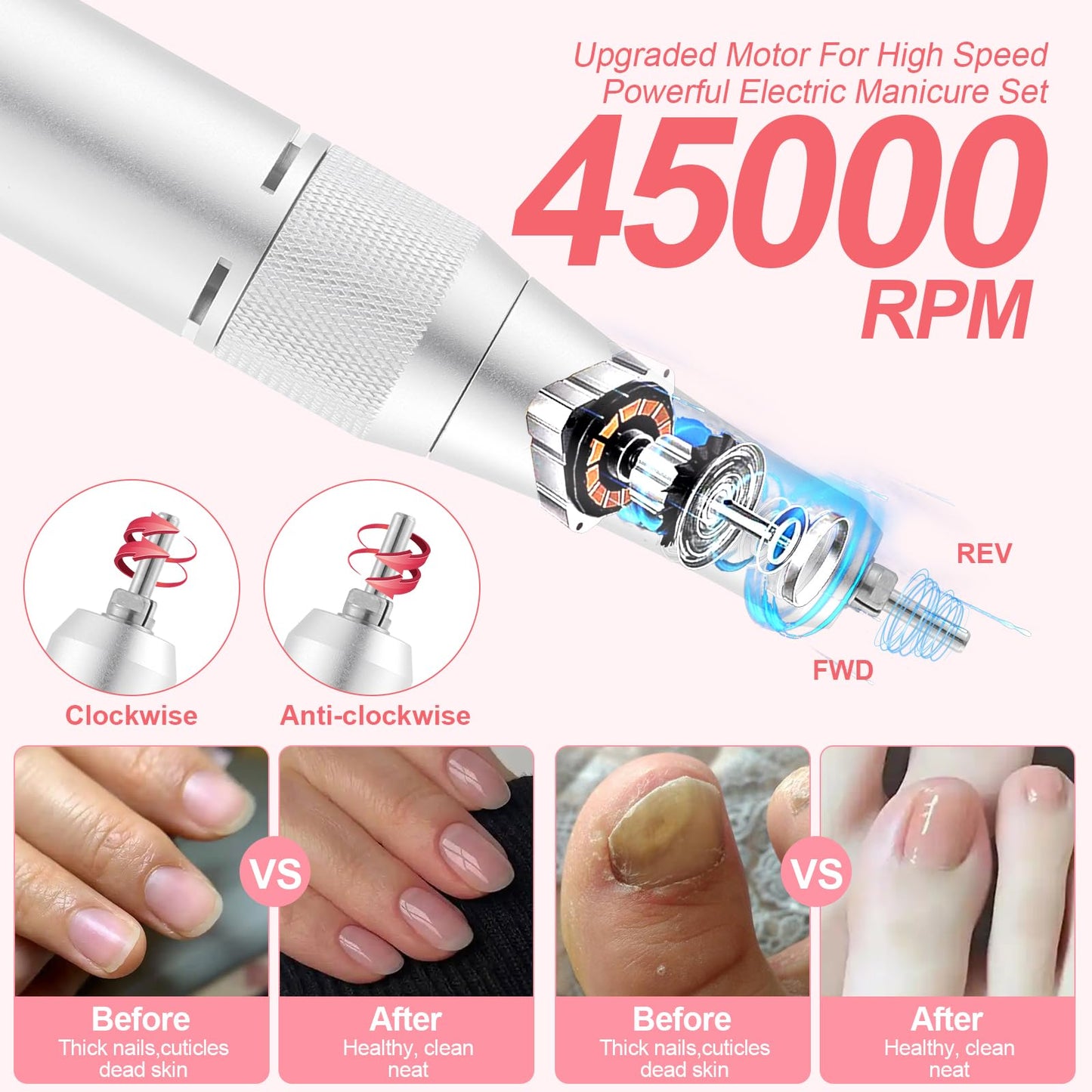 Electric 45000RPM Nail Drill Machine Rechargeable Portable Nail File Electric DIY Nail Drill Kit with Smart LCD Screen for Gel Nail Manicure and Pedicure Reflective Body etc (Pink)