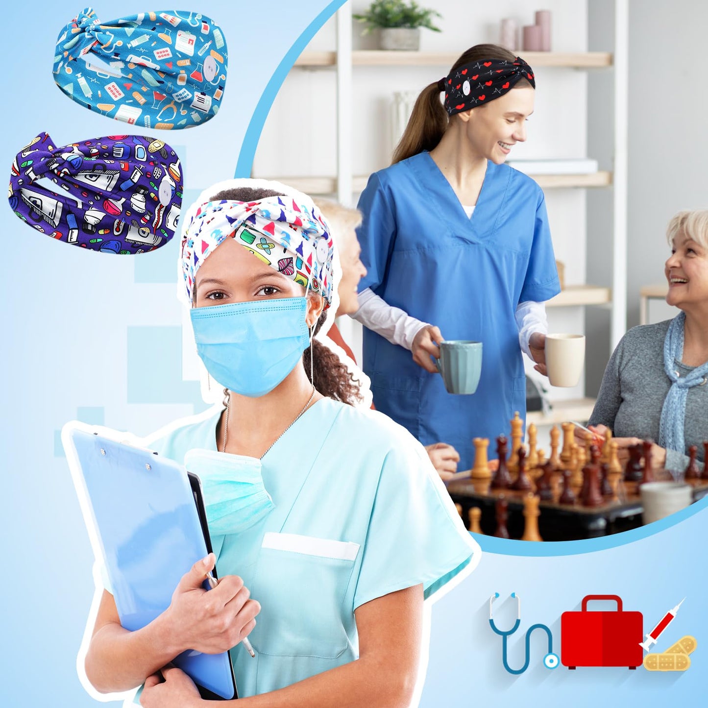 Jexine 20 Pcs Nurse Headbands for Women Non-slip Nursing Headbands with Buttons for Mask CNA Accessories Ear Protection Elastic Wide Hairband Sweatband Head Wrap Medical Nursing Essential