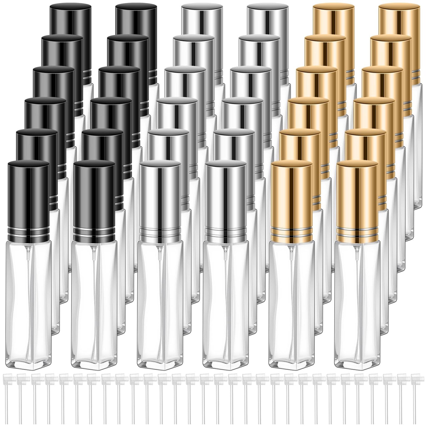 Domensi 30 Pcs 10/15/20/30 ml Perfume Travel Refillable Glass Bottles Spray Bottle Perfume Atomizer for Cologne Dispenser Leak-proof Fragrance Bottles Atomizer Pump Kit (20 ml,Gold,Silver,Black)