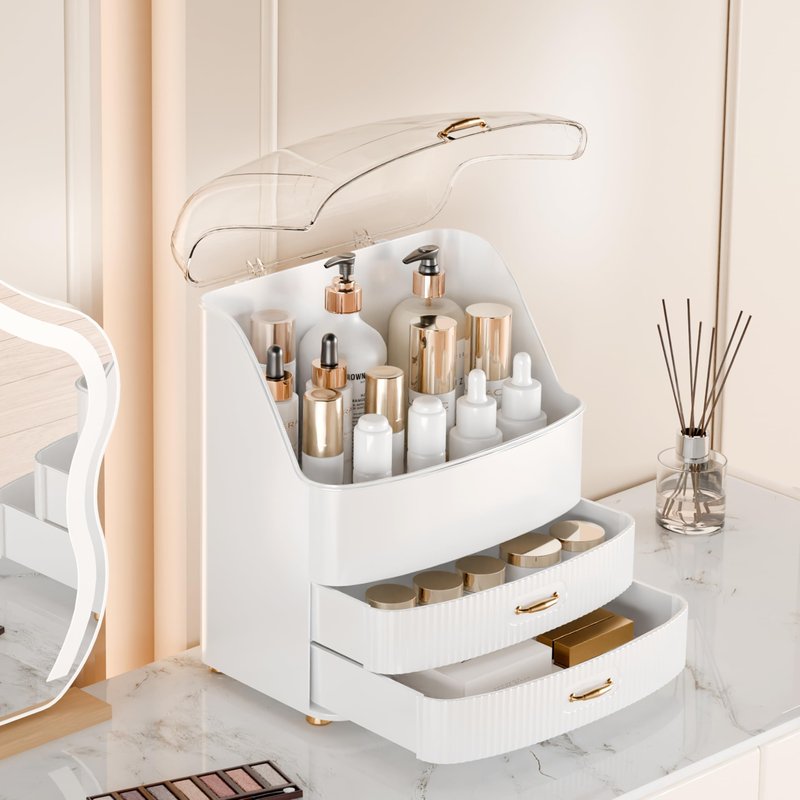 Plukers Makeup Organizer Countertop Vanity with Transparent Lid Drawers Waterproof Dustproof Cosmetic Skincare Bathroom Storage Gift for Women Teens Girls (Whtie)