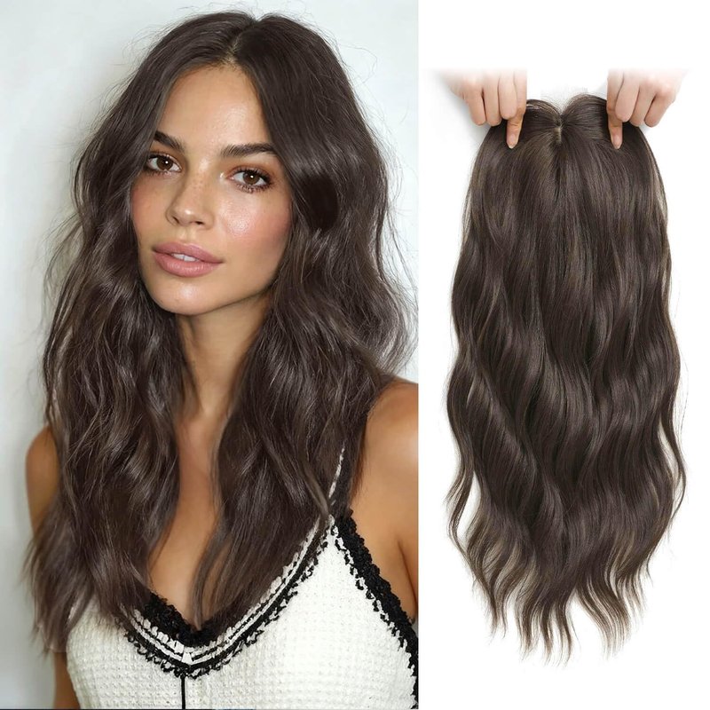 Hair Toppers for Women - Clip-In 20-Inch Coffee Brown Wavy Curly Synthetic Hairpiece