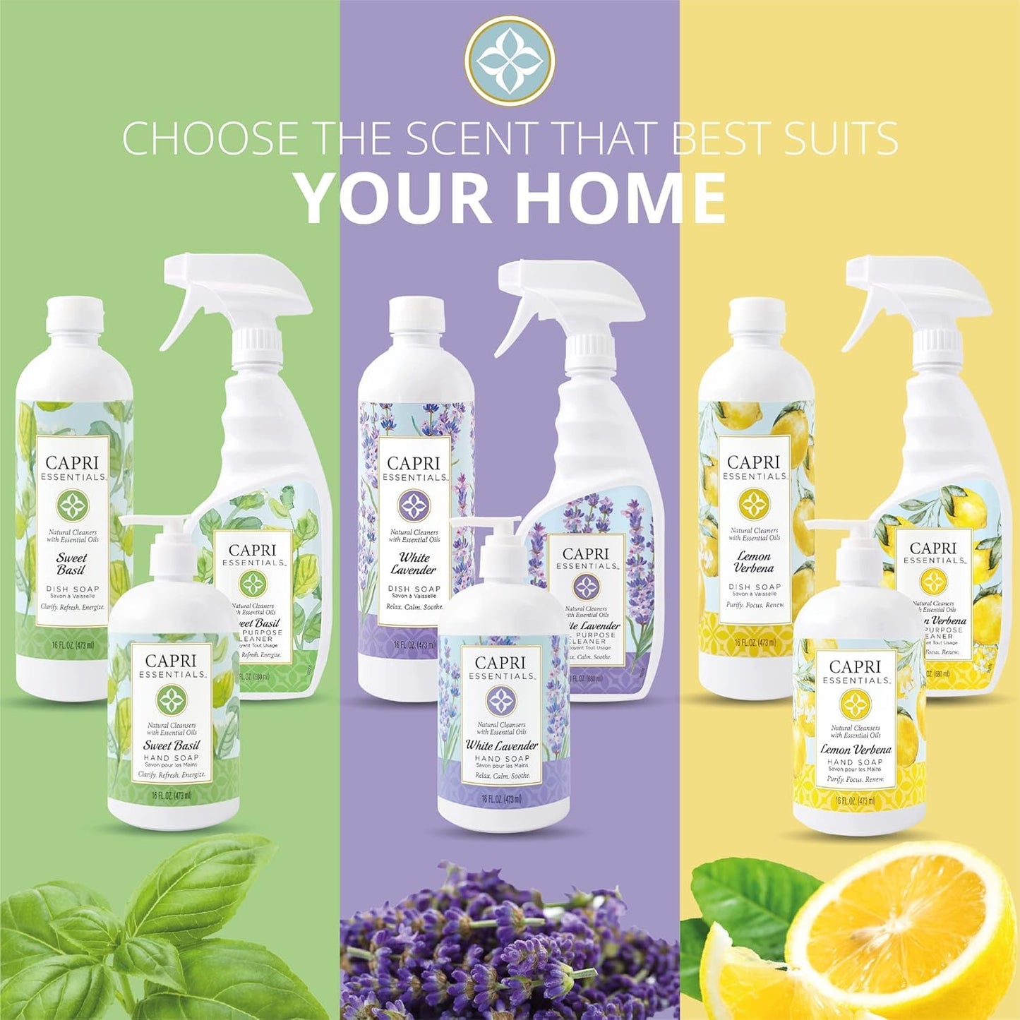 Capri Essentials Hand Soap Liquid, Natural Household Cleaning Supplies, Gentle Plant Based Aromatic Hand Wash with a Blend of Essential Oils, Removes Dirt & Grime, Sweet Basil Scent, 16 FL Oz (6 Pack)