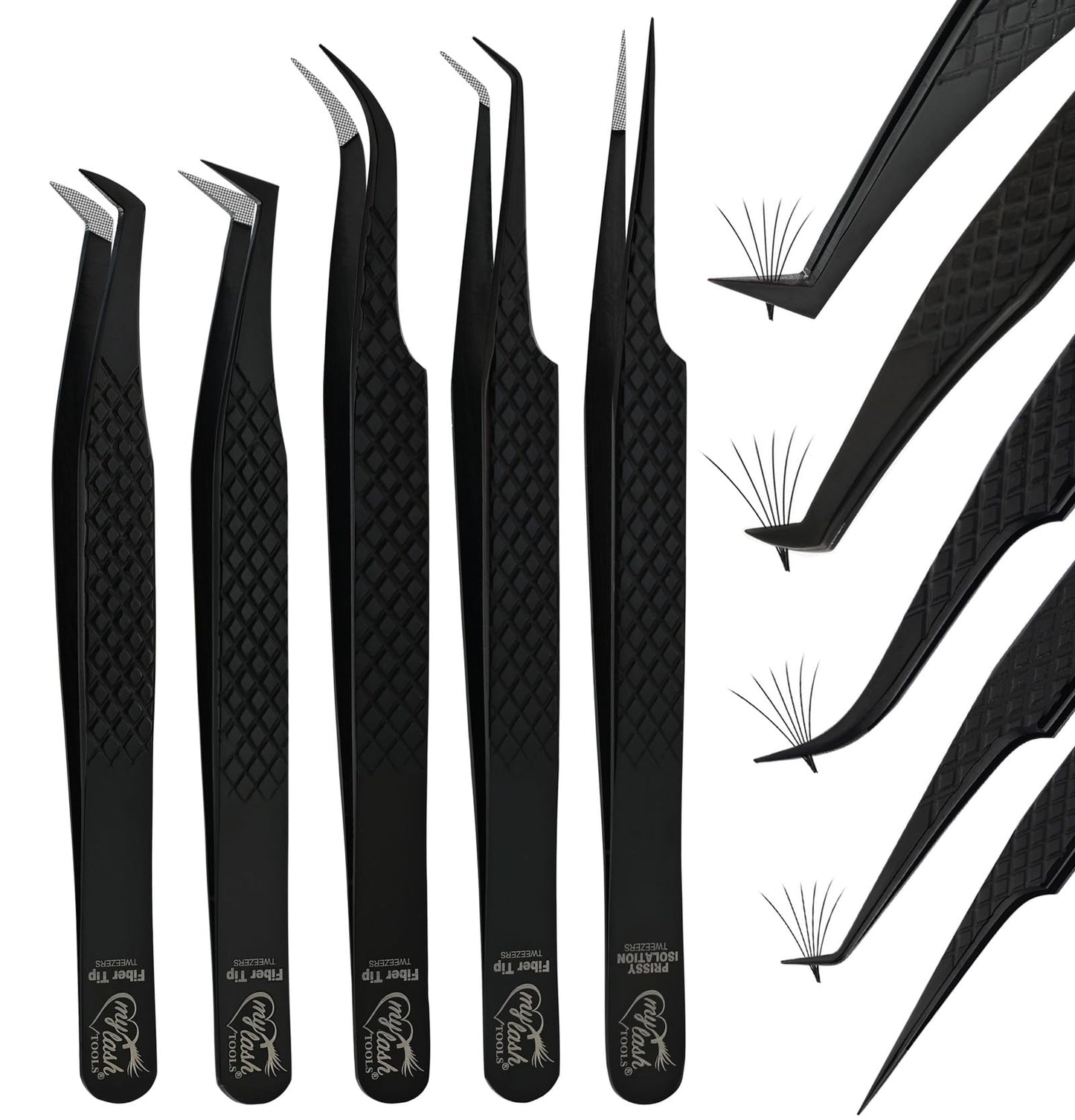 My Lash Tools Fiber Tip Lash Tweezers for Lash Extensions Precision Boot Volume Eyelash Extensions Tweezers Japanese Steel Curved Isolation Tweezer Set Fiber grip tweezers pinzas para (5pcs, Black)