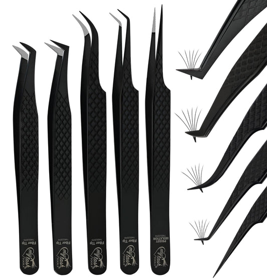 My Lash Tools Fiber Tip Lash Tweezers for Lash Extensions Precision Boot Volume Eyelash Extensions Tweezers Japanese Steel Curved Isolation Tweezer Set Fiber grip tweezers pinzas para (5pcs, Black)