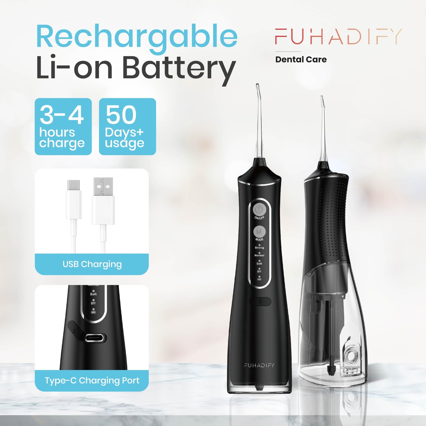 FUHADIFY Cordless Water Flosser with 4 Modes - Portable & Rechargeable Water Flossers for Teeth Cleaning, Gum Care, Braces - 300 ML, IPX7 Waterproof Electric Flosser Oral irrigator for Home Travel Use