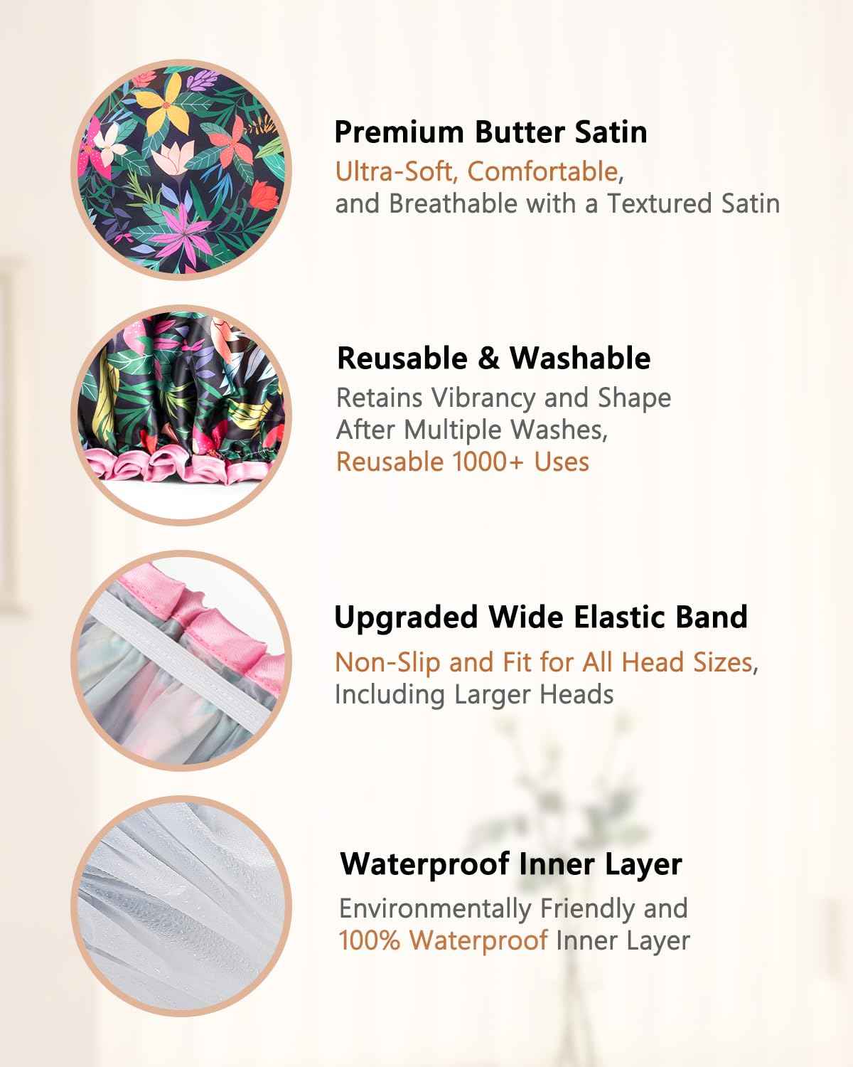 mikimini Black Satin Bonnet for Sleeping + Rainforest Bath Shower Cap with Pink Lace