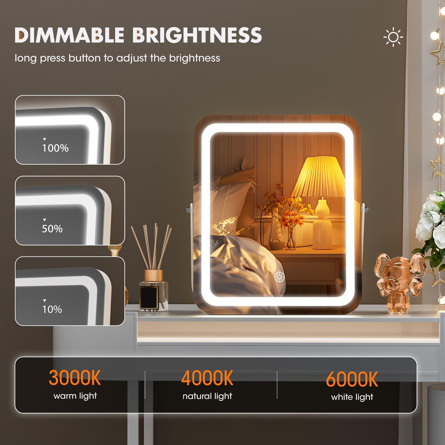Hasipu Vanity Mirror with Lights, 14" x 11" LED Makeup Mirror, 3 Modes Light, Smart Touch Control Dimmable, 360°Rotation, Rectangle White Frame, with 5X Magnifying Glass