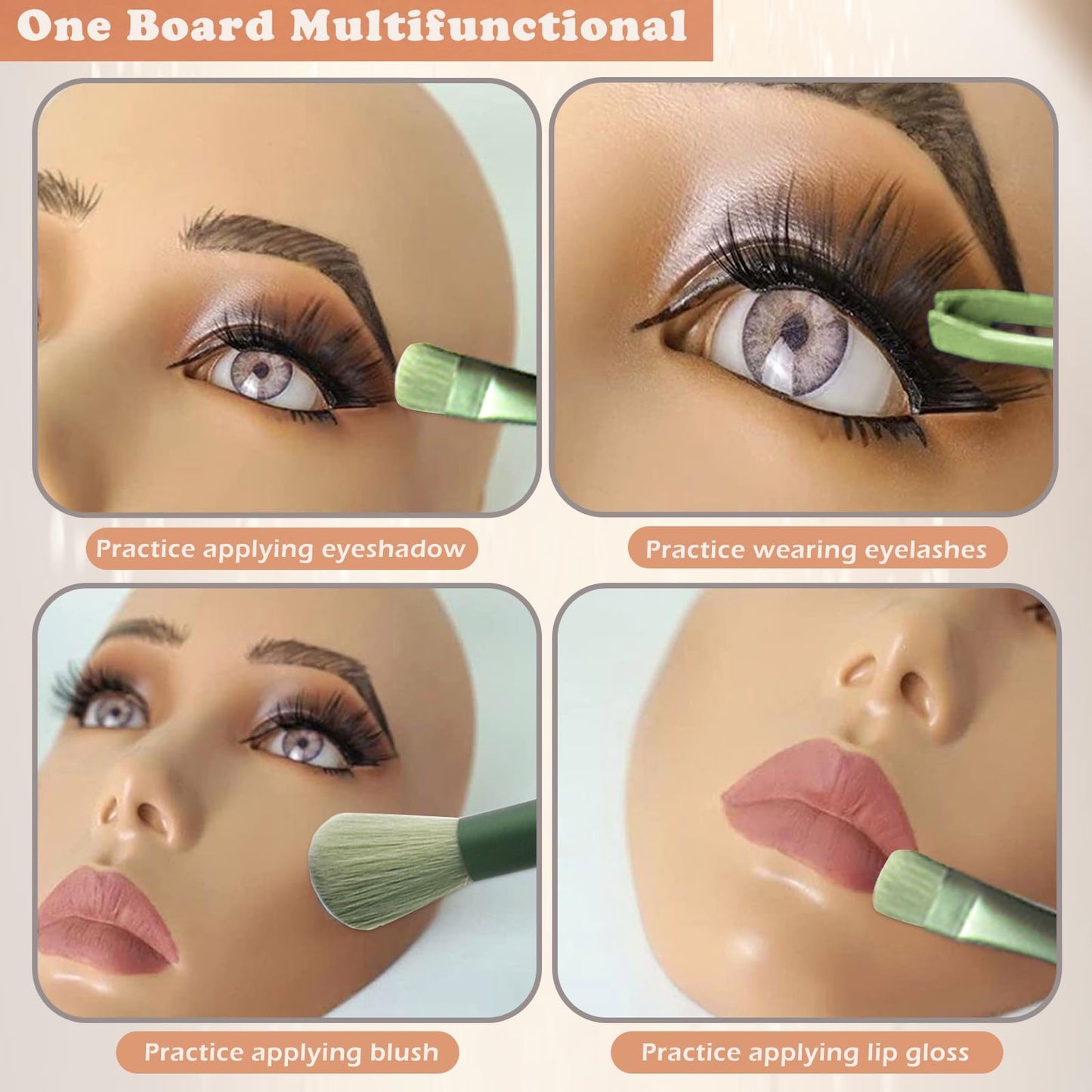 Penugo Makeup Practice Kit, Silicone Mannequin Face with Brushes, Shadows & Eyebrow Pencil - Bright