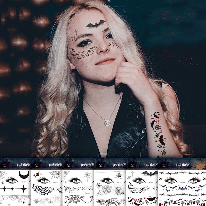 Halloween Temporary Tattoos Day of the Dead Face Tattoos Spider Eye Web Tattoos Sticker 12 Sheets Day of the Dead Makeup Decals for Halloween Party Decorations