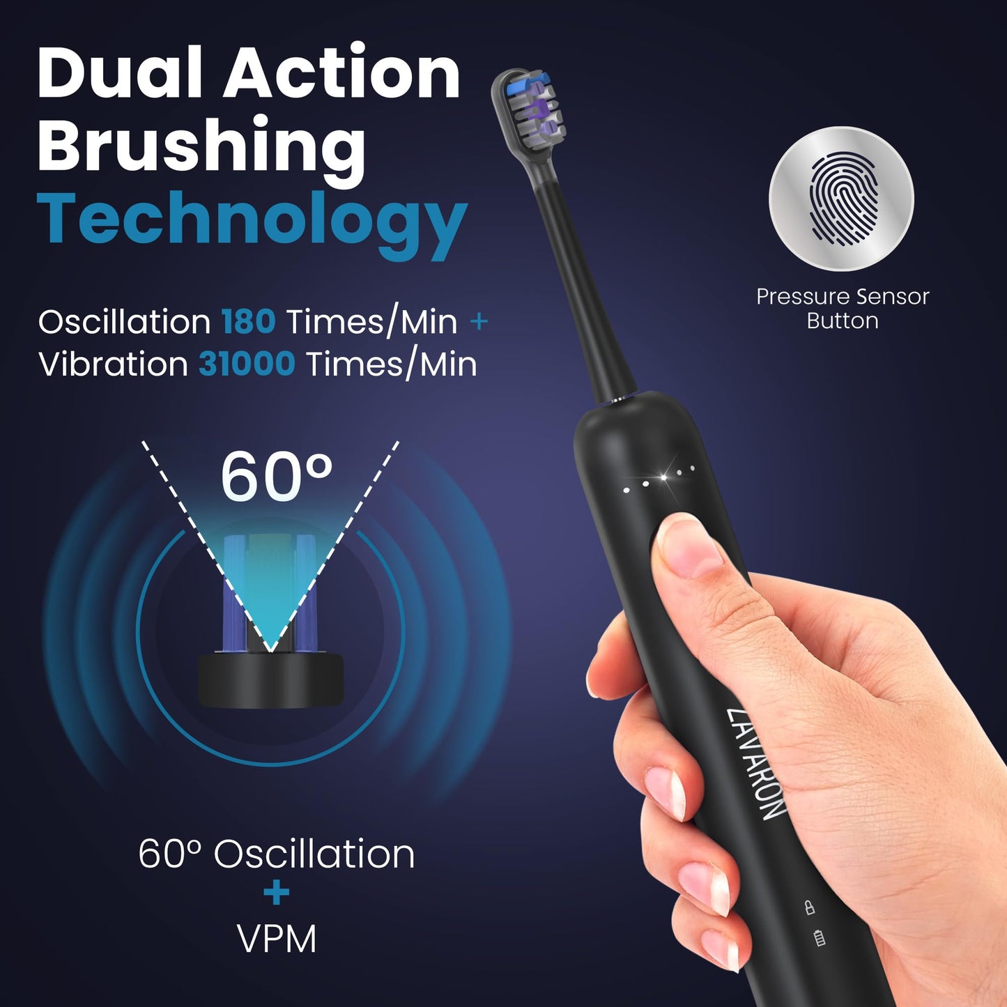 ZAVARON Sonic Electric Toothbrush for Adults – Oscillation & Vibration Rechargeable Power Toothbrush with 5 Modes, 6 Brush Heads & Travel Case - 30+ Days Battery Life IPX7 Waterproof- 2Min Smart Timer