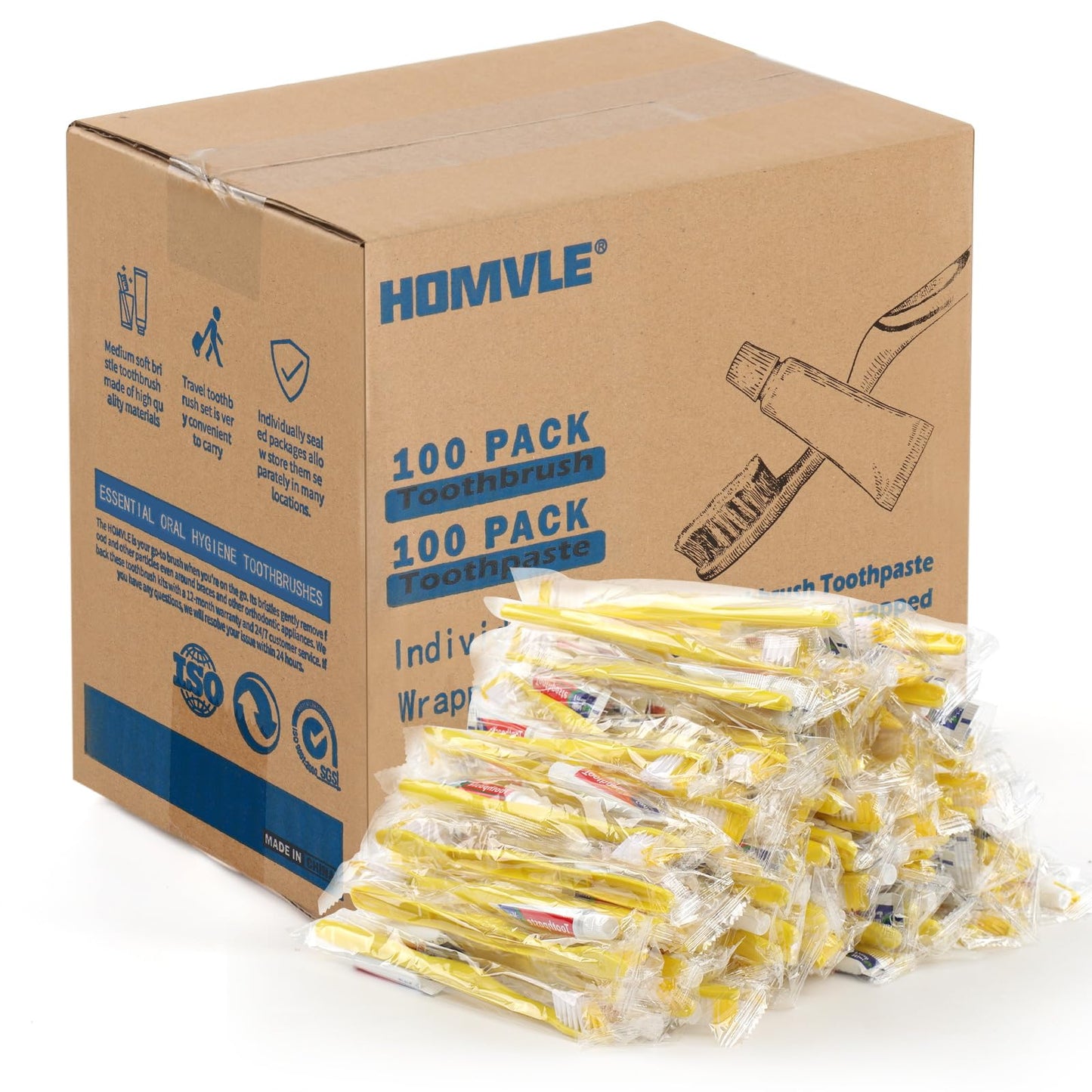 Homvle Disposable Toothbrushes with Toothpaste - 100 Packs Individually Wrapped Travel Toothbrushes Bulk, Medium Soft Bristles, Perfect for Travel Size Toiletries, OCC, Airbnb, Dentist, Office