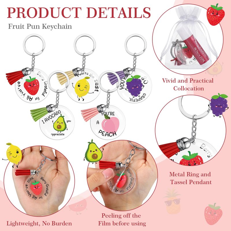 Loetere 30 Sets Moisturizing Lip Balms Bulk Employee Appreciation Gifts with Fruit Pun Keychains and Organza Bags for Coworker Teacher Appreciation Thank You Gifts
