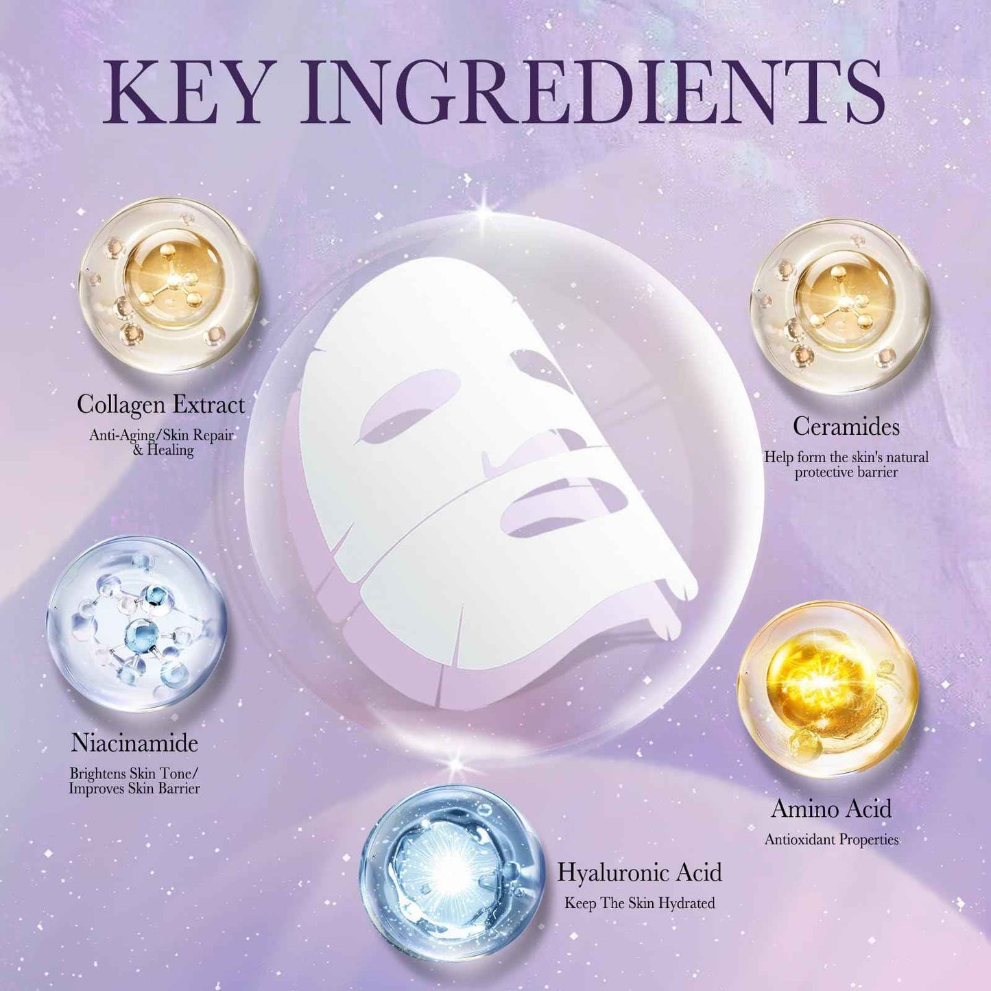 6PCS Bio Collagen Face Mask Overnight Real Deep Skincare Deep Anti Wrinkle Lifting Mask for Pore Minimizing Firming Elasticity and Wrinkle(3pcs White&3pcs Purple)