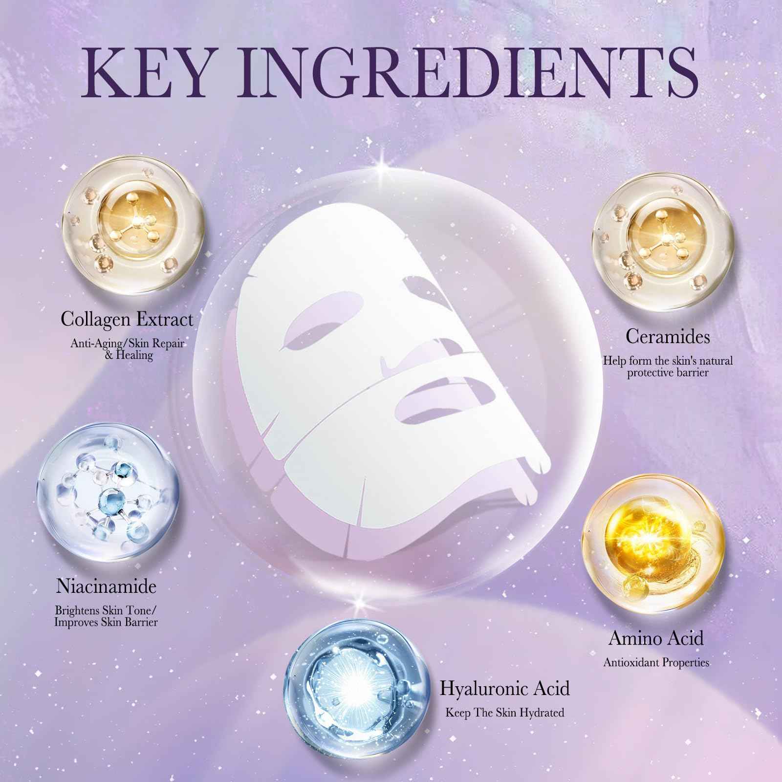 6PCS Bio Collagen Face Mask Overnight Real Deep Skincare Deep Anti Wrinkle Lifting Mask for Pore Minimizing Firming Elasticity and Wrinkle(3pcs White&3pcs Purple)