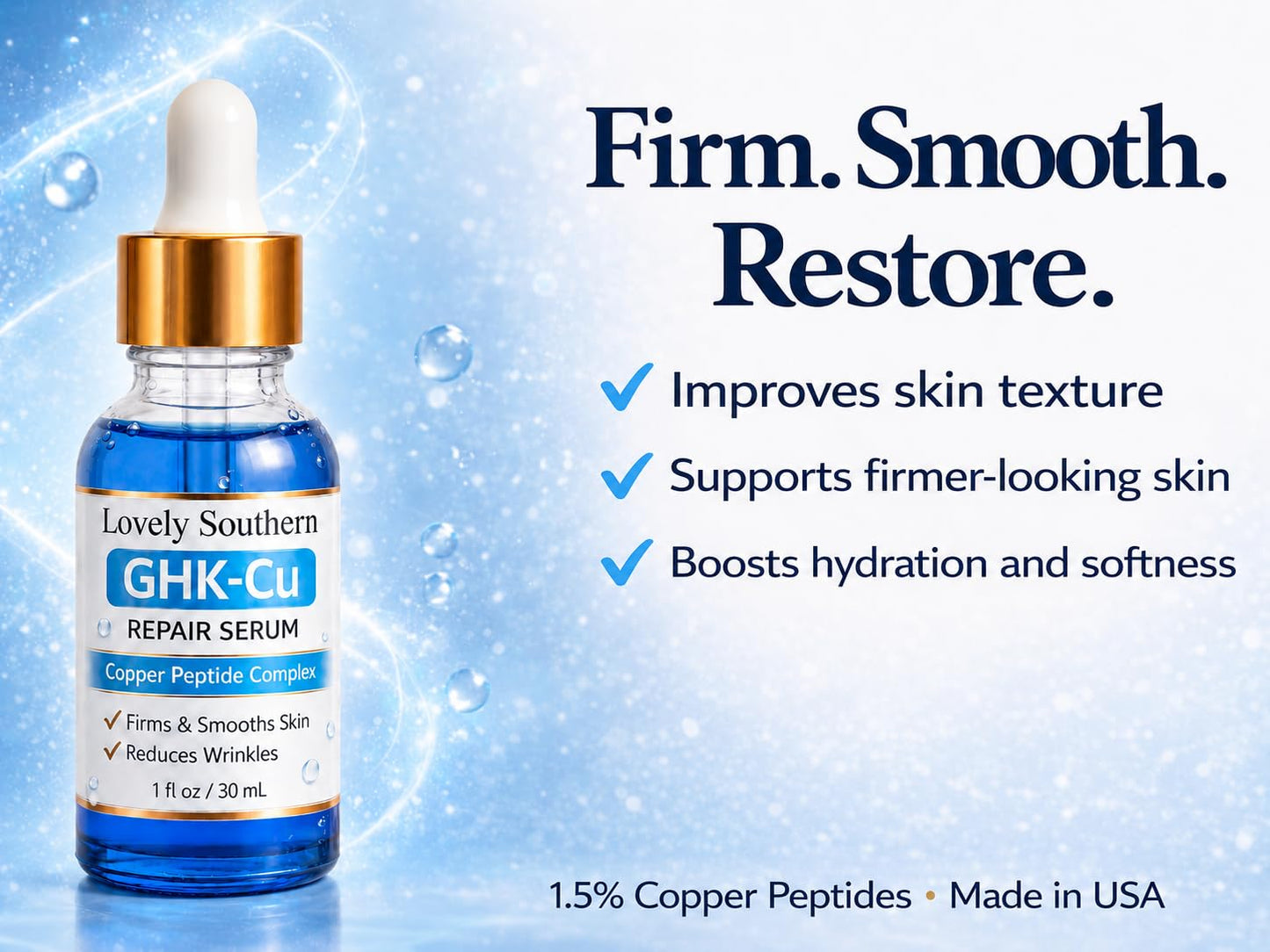 Lovely Southern 1.5% Copper Peptides GHK-Cu Anti-Aging Facial Serum for Fine Lines, Skin Elasticity, Made in USA, 1 Fl Oz
