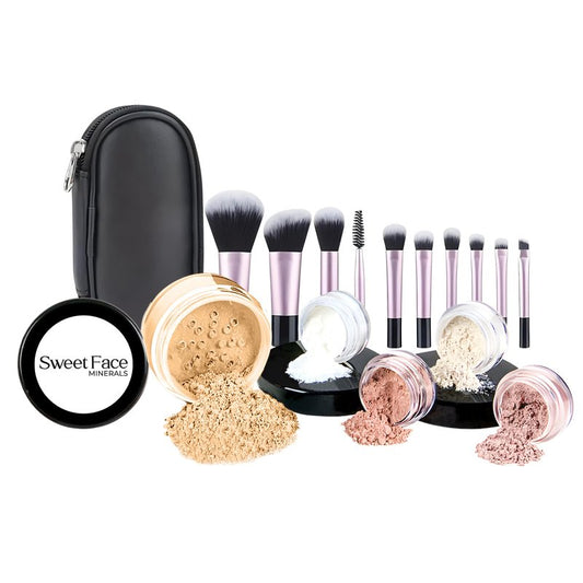 16pc STARTER KIT with 10 BRUSHES SET Mineral Makeup Bare Face Loose Powder Includes Matte Foundation, Veil Primer, Blush, Bronzer, Translucent Finishing Setting Powder SPF 30 Travel Size