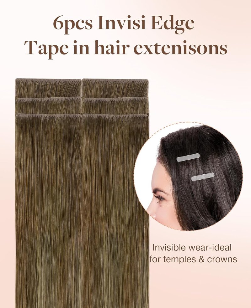 Invisi Edge Tape in Hair Extensions - 18" Balayage Walnut to Ash Blonde, 6pcs, Virgin Remy Hair, Seamless Design