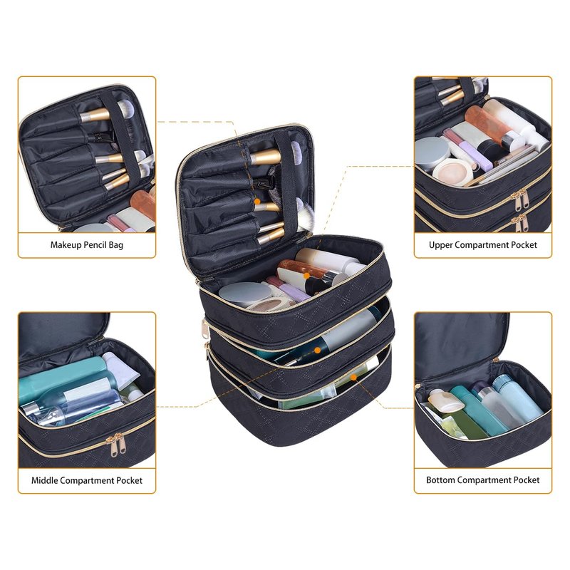 LANDFOBO Large Makeup Bag 3 Layers with Handle Travel Makeup Bag Organizer Toiletry Accessories Bottles, Brushes, and Skin Care Products (Blakc)