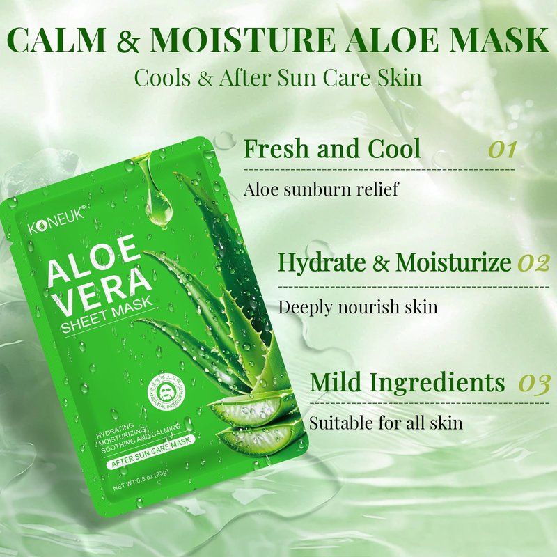 KONEUK 12 Pack Aloe Vera Face Masks Skincare, Sheet Aloe Hydrating Face Mask for Sunburn Relief and After Sun Care, Bulk Aloe Vera Face Mask for Spa Party Gifts