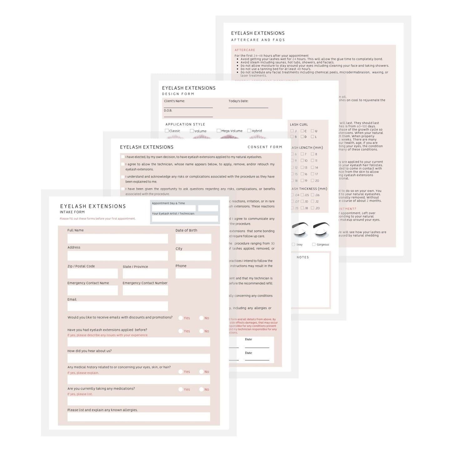 Lash Extension Eyelash Consent, Intake, Aftercare forms with Mapping | 100 Pack | 25 of each Consent, Intake, Aftercare, and Mapping Forms for Lash Artists | 8.5 x 11 inch