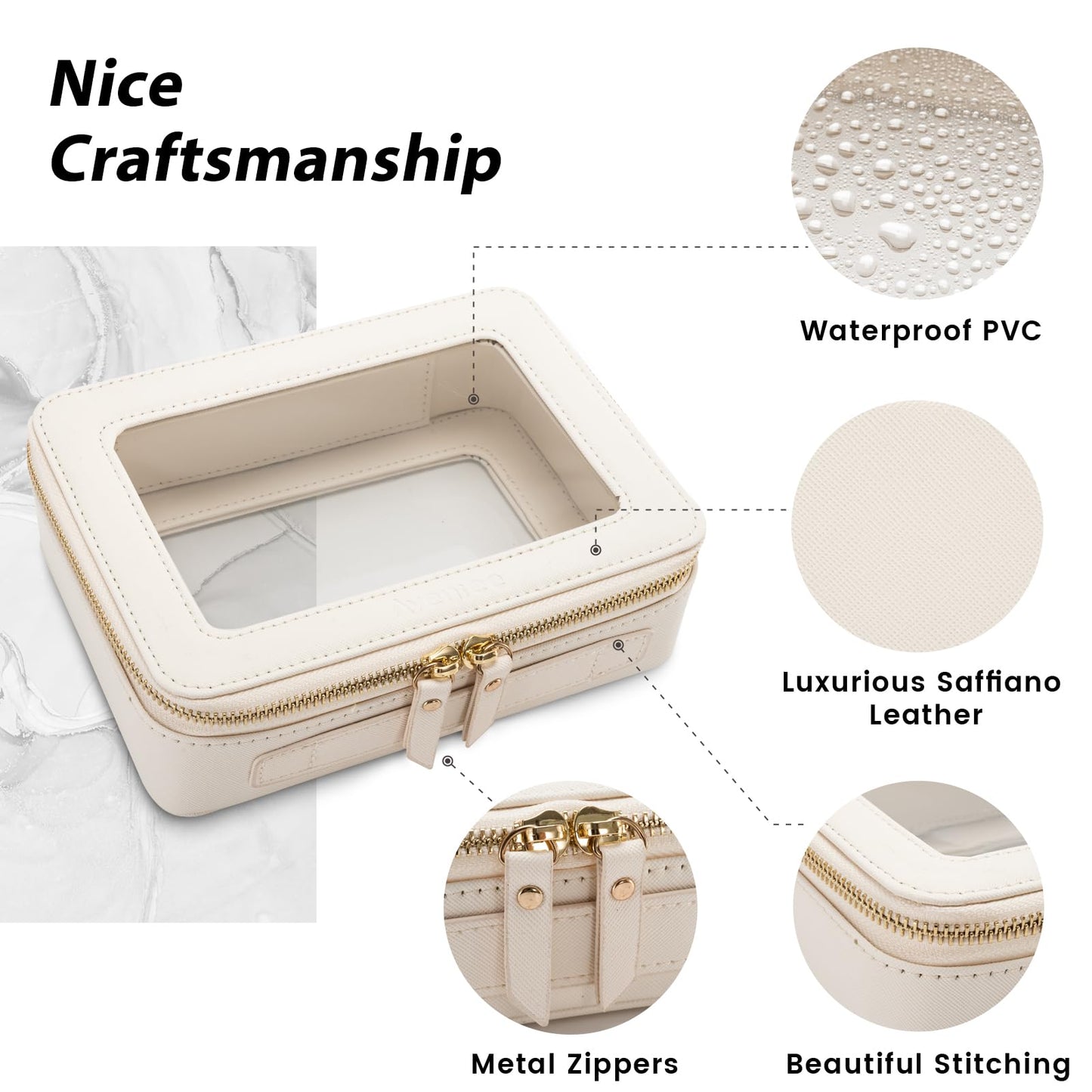 Aveniee Clear Makeup Bag Organizer Set,Portable Travel Toiletry Case for Women, Vegan Leather Cosmetic Pouch Car Bag for Essentials 2pcs,Middle & Large,Beige