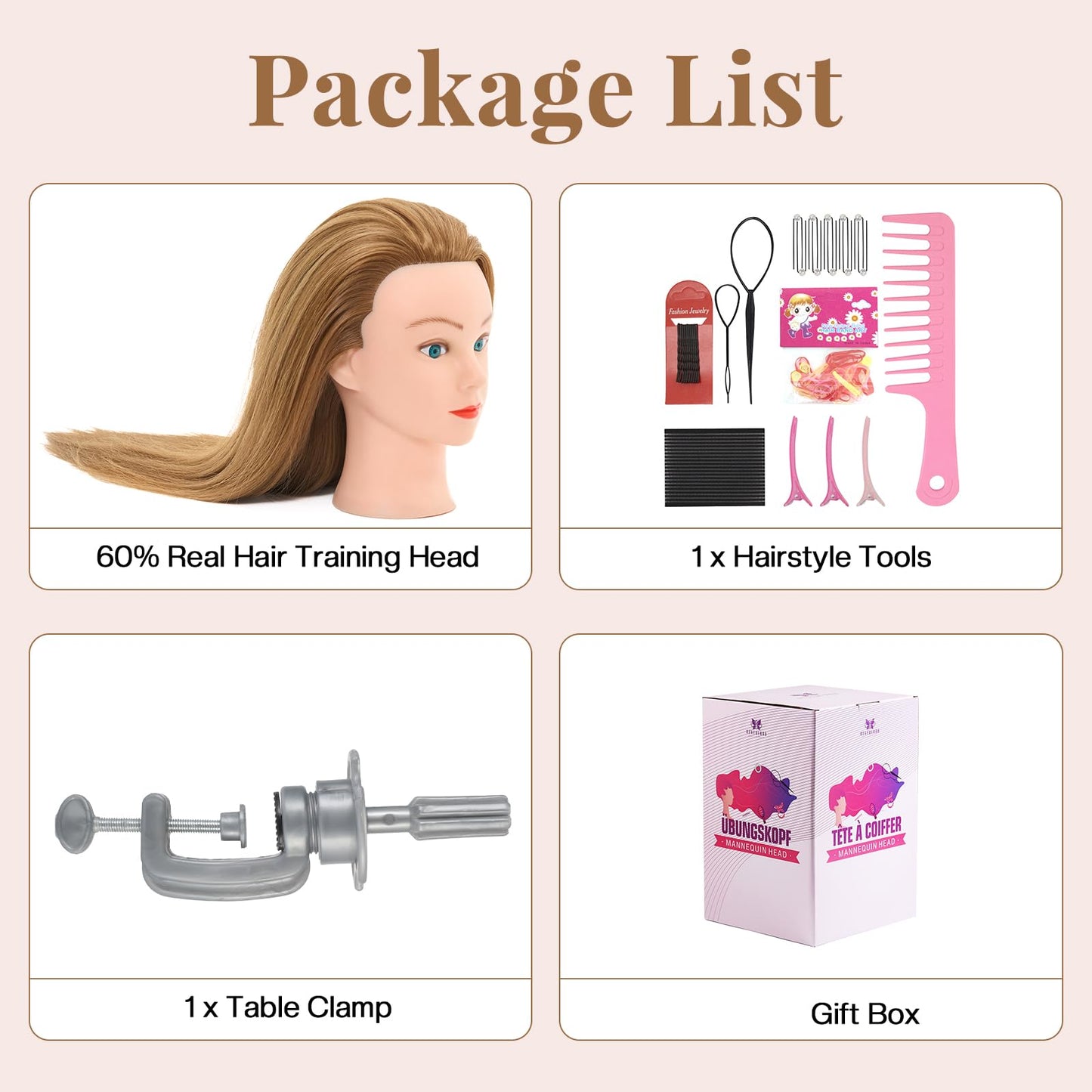 24" Mannequin Head -80% Real Hair Doll head for hair Styling, Cosmetology Mannequin Head with Hair for Braiding Curling,Cuting with Table Clamp Styling Set (Blonde)