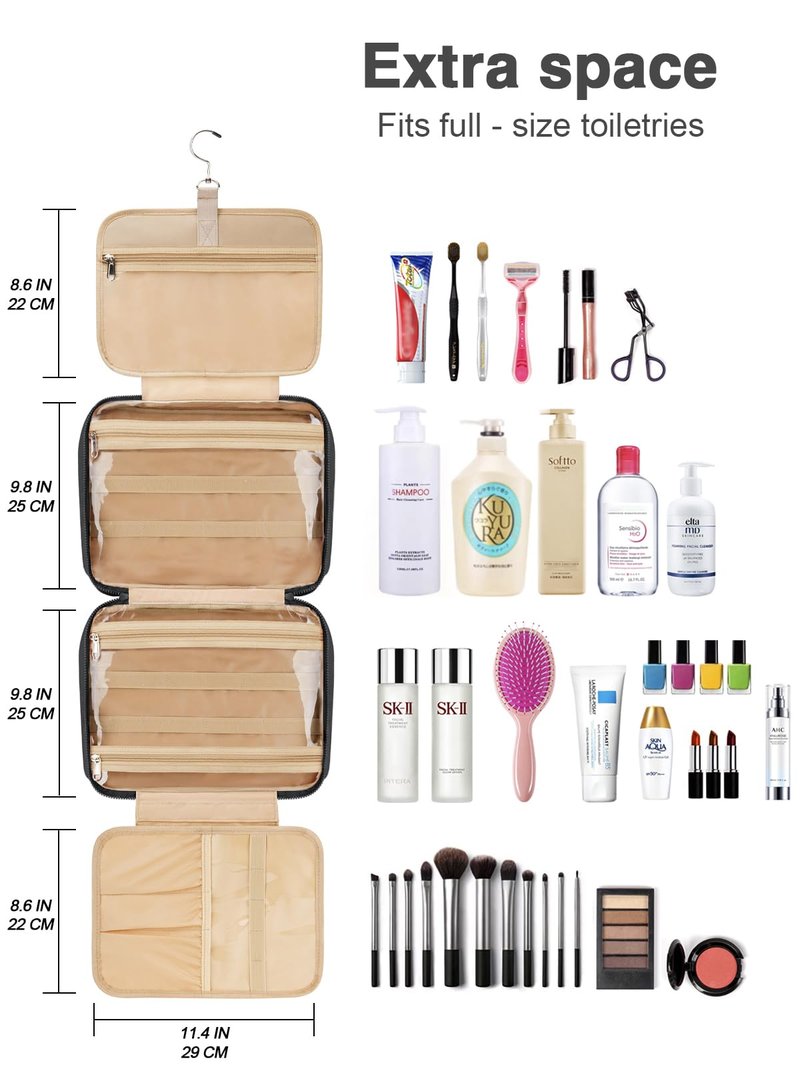 COOSKY Women's Hanging Toiletry Bag, Waterproof Travel Cosmetic Organizer with Jewelry Storage, Large Capacity Makeup Case for Full-Size Skincare & Bathroom Essentials, Portable Cosmetic kit, Black