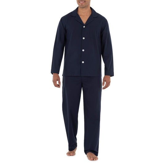 Fruit of the Loom Men's Long Sleeve Broadcloth Pajama Set, Navy, Medium