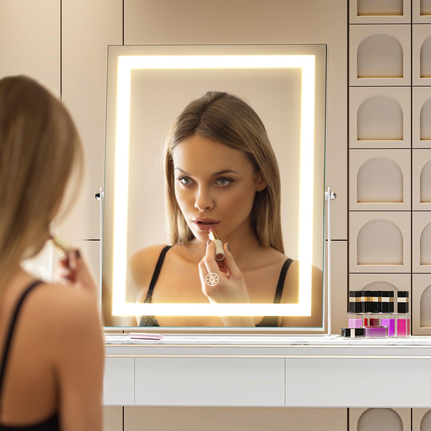 Hasipu Vanity Mirror with Lights, 11.4" x 13.8" LED Makeup Mirror, 3 Color Modes Touch Control and Brightness Adjustment Lighting Mirror, 10X Magnifying Glass, 360° Rotation