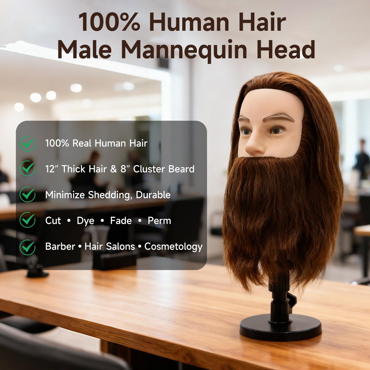 Male Mannequin Head,Training Head with 100% Human Hair 12inch Barber Mannequin Head Male Mannequin Head With Beard for Hair Styling, Practicing Cut Styling（With Beard, Brown）