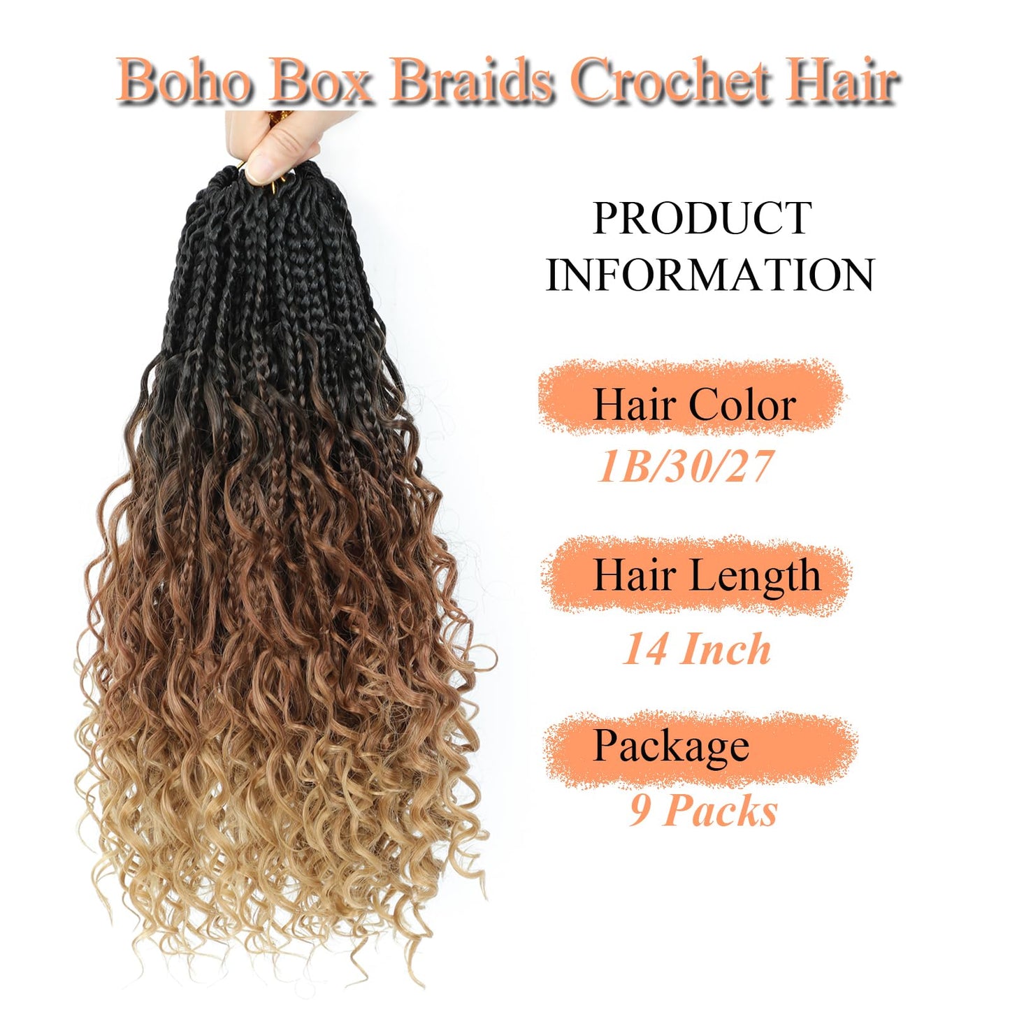 9 Packs Goddess Box Braids Crochet Hair 14 Inch Pre Looped Boho Crochet Braids Box Braids Crochet Hair With Curly Ends Crochet Braids Bohemian Synthetic Hair For Women (14 Inch, 1B/30/27)