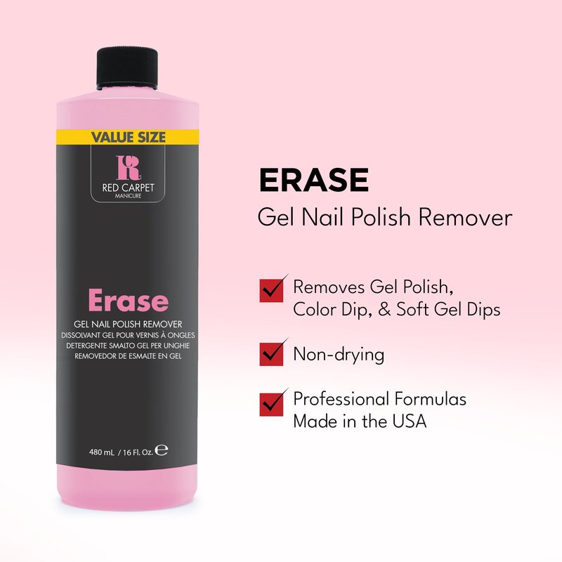RC Red Carpet Manicure Erase Gel Nail Polish Remover - Soak-Off Formula for Fast, Gentle Removal, Non-Damaging Nail Care, Easy Gel Removal, Ideal for At-Home Use, 16 Fl Oz.