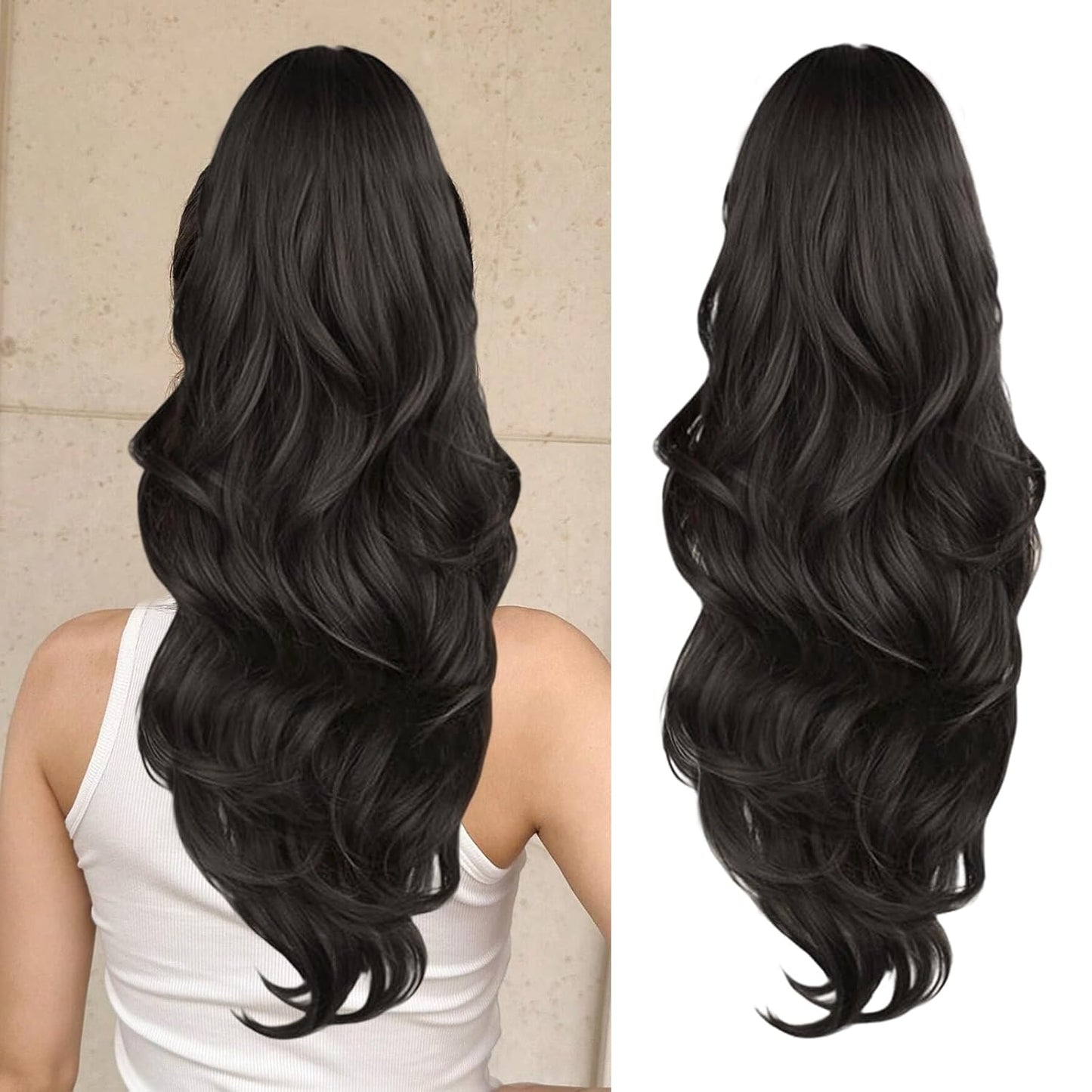 Ponytail Extension - 23 Inch Dark Brown Wavy Drawstring Hairpiece | Synthetic Clip-In for Women