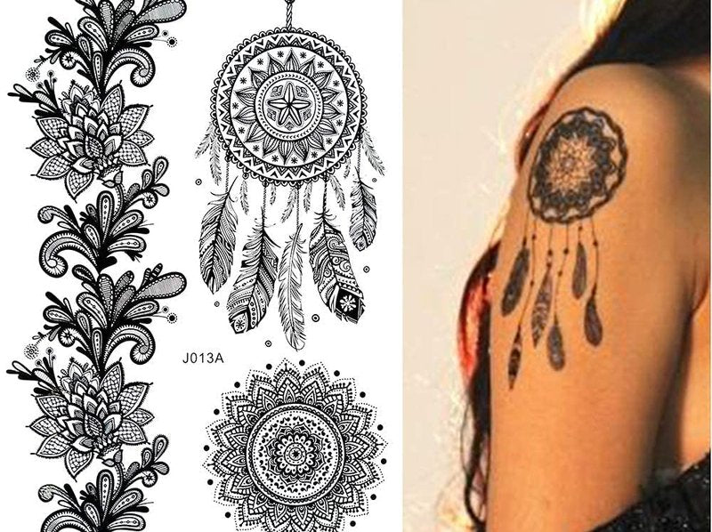 Temporary Tattoos for Women 6 Pack Henna Tattoo Stickers for Adults Women & Girls Metallic Black Lace Body Art Large Big Arm