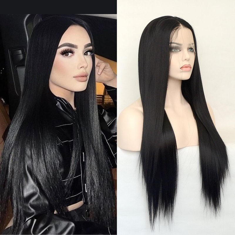 Jozlynn Black Synthetic Lace Front Wig Long Straight Preplucked Hairline Heat Resistant Glueless Wigs Free Parting for Women (Black, 22 inch)