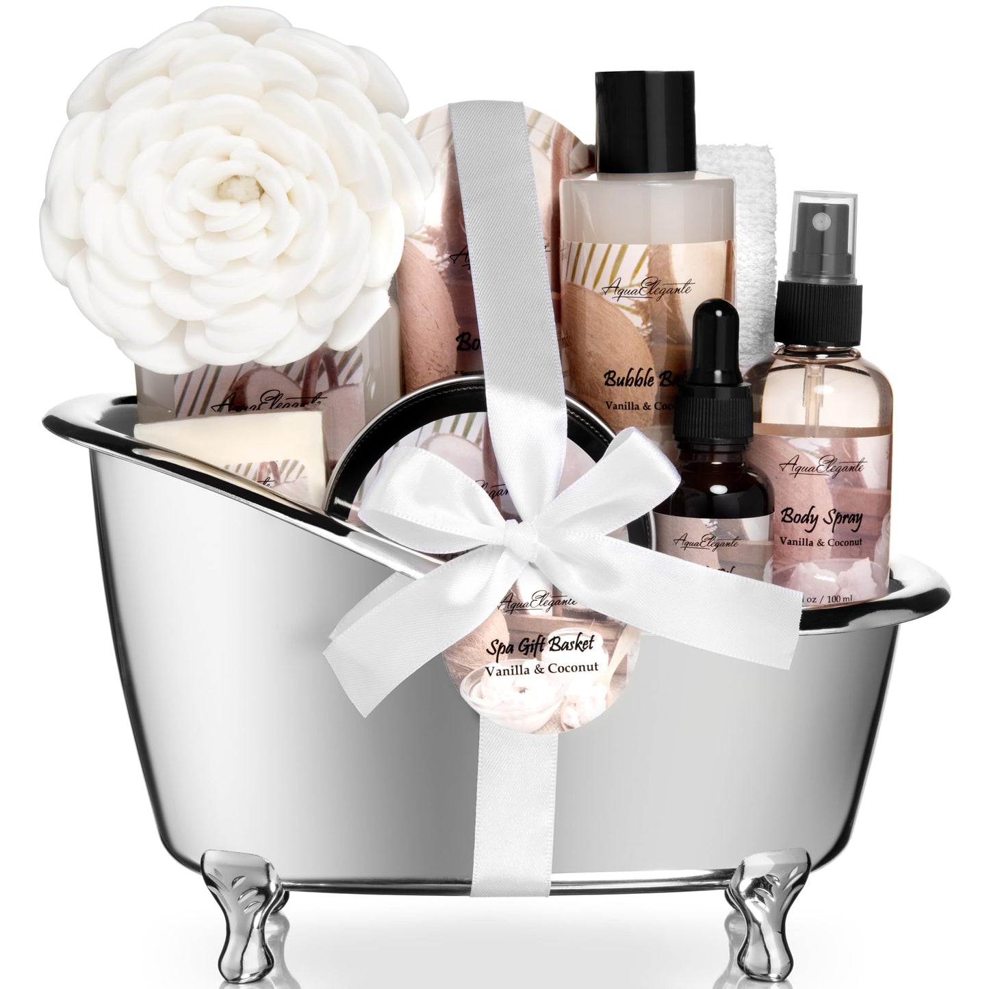 Aqua Elegante Spa Gift Basket For Women - Luxury Bath Set with Wash, Bubbles, Lotion, Body Butter, Soap, Towel, Shower Puff, Reusable Basket, Gifts for Mom, Wife, Girlfriend - Coconut & Vanilla