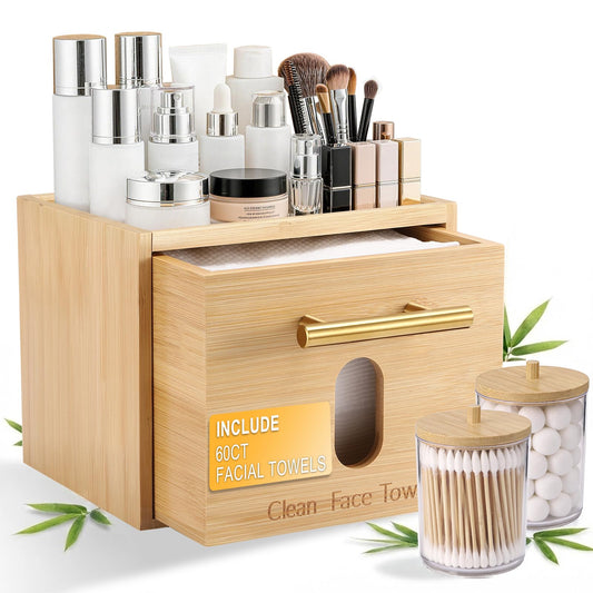 BSSN Disposable Face Towel Holder, Bamboo Clean Towels Xl Holder with Cotton Swab Container and 60ct Towels, Countertop Skincare Organizer, Bathroom Vanity Storage Box for Face Tissues, Makeup Pads