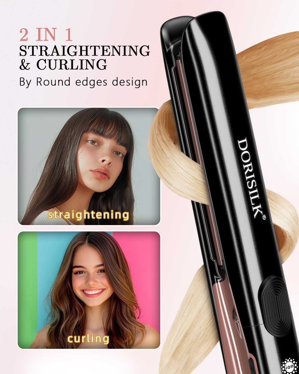 DORISILK 2-in-1 Hair Straightener & Curler - 500°F Fast Heating Ceramic Flat Iron | Travel Dual Voltage