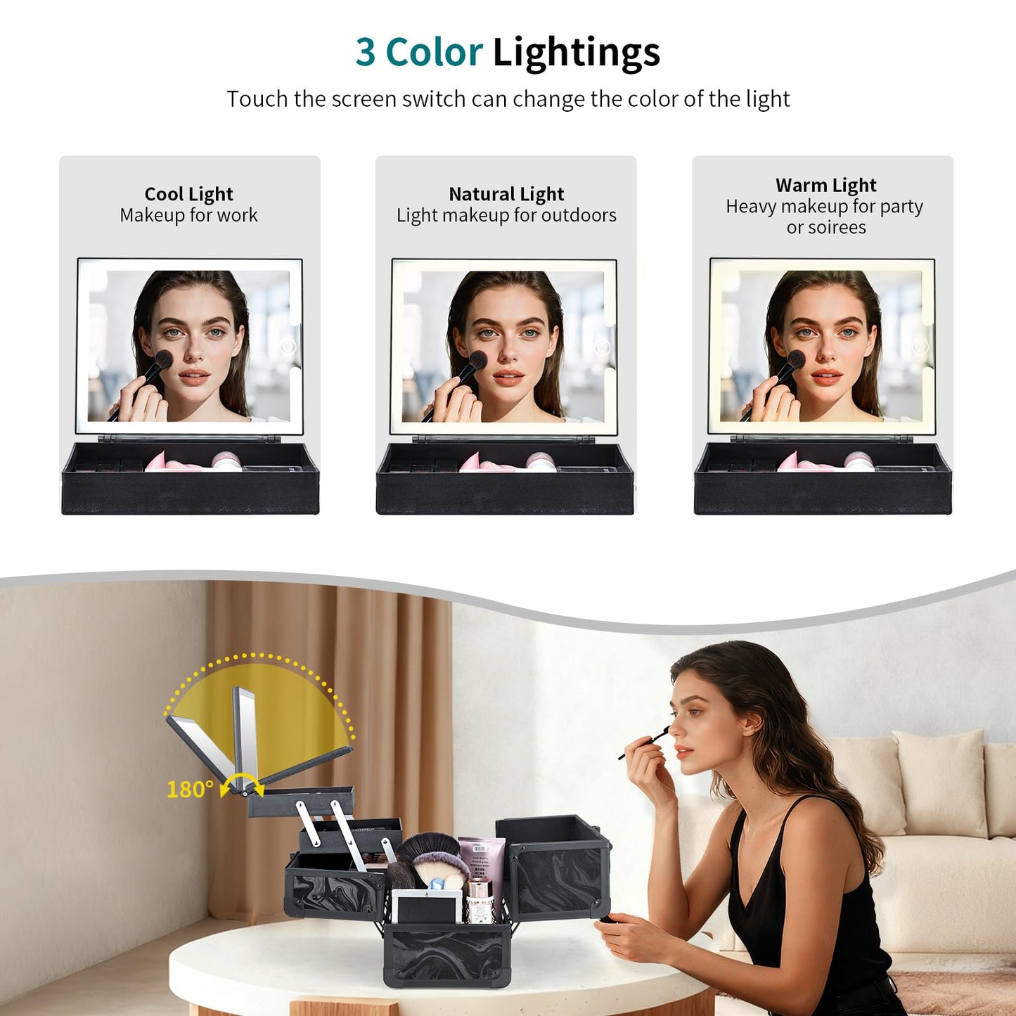 Faquenc Travel Makeup Case with LED Lighted Mirror - 11.6" Portable Makeup Organizer Box, Cosmetic Train Case with Detachable Brush Holder - Fluid Black